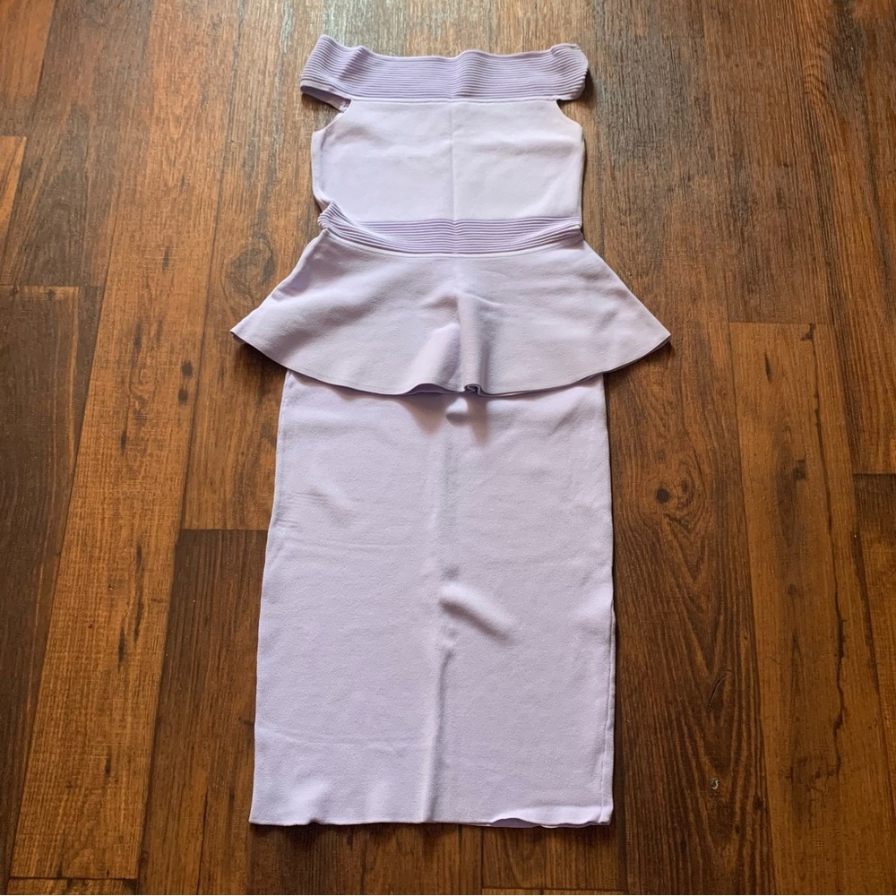 Eva Mendes Dress Women's S Lilac Peplum Ruffle Knit Cap Sleeves Top/Skirt